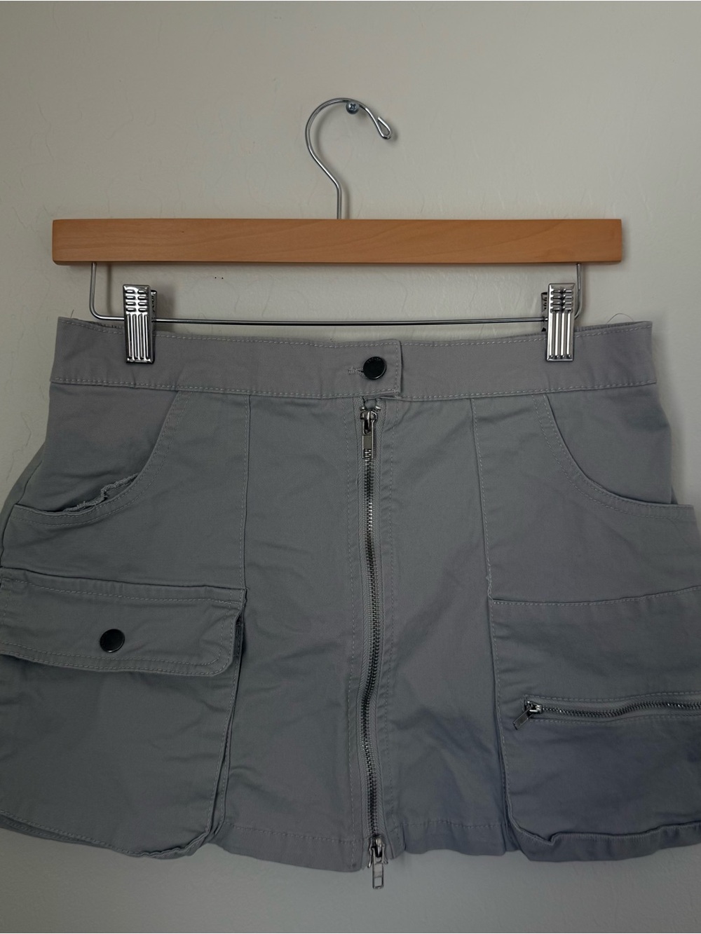 refuge Light Gray Utility Mini Skirt with Front Zip